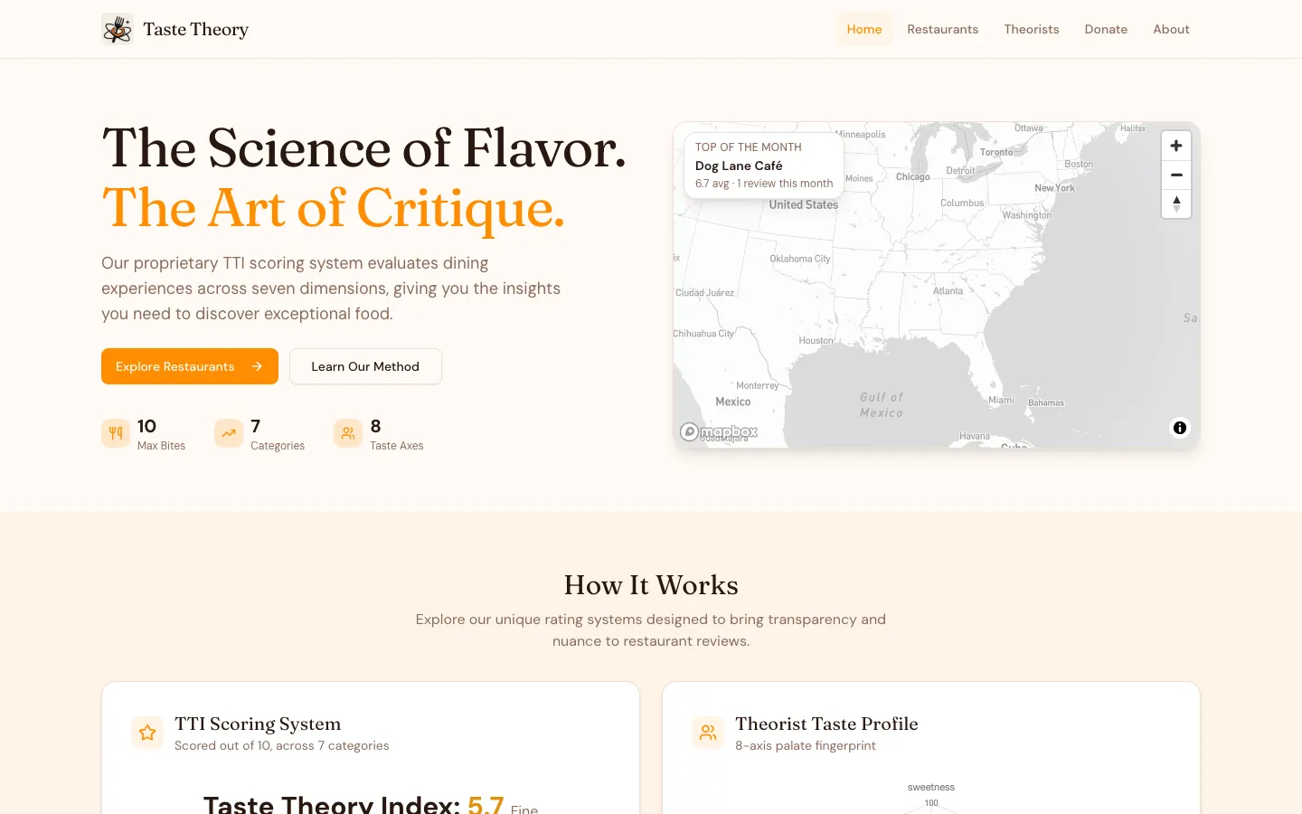 The Taste Theory homepage with its restaurant map.